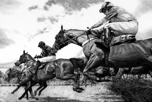Horse Race drawing in pen and pencil for a book published by Quarto