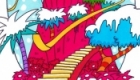 A dream drawing. A pink mountain in with colourful trees covered in snow and a crazy slide twisting around. Drawn…